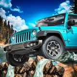Blue offroad jeep climbing rocky mountain terrain above a waterfall
