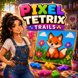 Woman artist arranging colorful Tetrix blocks to complete a pixel art picture of a fox