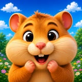 Smiling cartoon hamster with bright eyes in a colorful pixel puzzle adventure