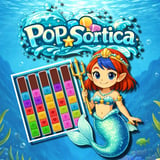 Colorful underwater puzzle scene with a cute mermaid sorting bright cubes in vertical columns