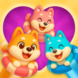 Three smiling cartoon puppies in orange, pink, and blue gathered in front of a heart, representing a colorful sliding puzzle game.