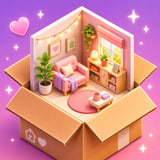 Pastel miniature room design game with tiny furniture, decorations, and cozy dollhouse style spaces inside a box.