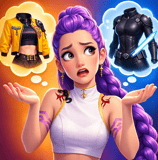 Colorful K-pop styled demon hunter girl with purple hair choosing between outfits in a merge and battle game