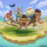 Prehistoric tribe warriors defending island watchtowers against invading monsters with spears, magic and stone weapons