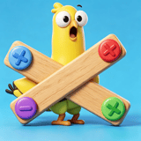 Colorful cartoon bird trapped behind wooden planks with bright matching screws