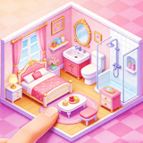 Soft pastel isometric home interior with bedroom, bathroom, and cozy furniture arranged in a dollhouse-style layout