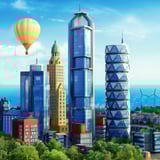 Build, explore, and expand your island empire Cartoon-style island city with a blimp and locked snowy island in the background