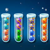 Holiday puzzle game with colorful Christmas baubles in test tubes