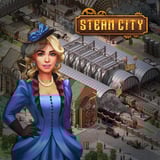 Build a steampunk empire one brick at a time. A beautiful steampunk woman in front of a bustling city