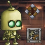 Push, slide, and sort blocks in a steampunk factory Adorable hand-drawn robot with steampunk blocks
