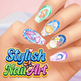Colorful hand with trendy decorated nails featuring gems, flowers, seashells, and pastel nail art designs