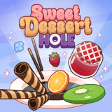A dessert themed hole game where sweets, fruit, and chocolate slide into a growing hole