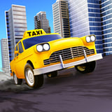 Yellow taxi speeding through a busy downtown city street with tall buildings in the background