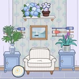 Decorate dreamy rooms and dress up adorable characters A pastel-decorated virtual living room with nautical accents and cozy furniture