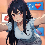 Anime-style girl leaning in for a selfie within a chat-based romance game interface