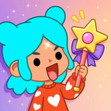 Cute turquoise-haired avatar holding a star wand in a colorful city building and life simulation game