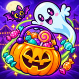 Cute Halloween ghost floating above a pumpkin-shaped candy basket filled with colorful sweets, surrounded by bats and spooky purple carnival decorations.