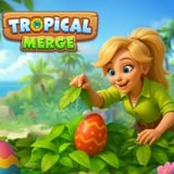 A colorful tropical island full of mergeable fruits, crops, and quirky characters. A cute blonde girl with easter eggs