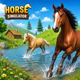 Wild horse simulator game with horses racing, exploring forests, and working around a farm