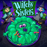 Witchy Sisters relaxing puzzle game with colorful cartoon frogs, magical sisters, and a spooky purple background