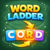 Colorful word puzzle game logo with letter tiles and glowing arrows showing word transformations