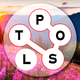 Circular letter wheel over a serene lake background showing P O L S T letters for a word connect puzzle
