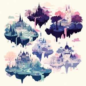 Floating magical castle worlds in different colors
