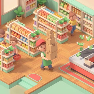 3D supermarket interior with stocked shelves, checkout counter, shoppers, and a store clerk