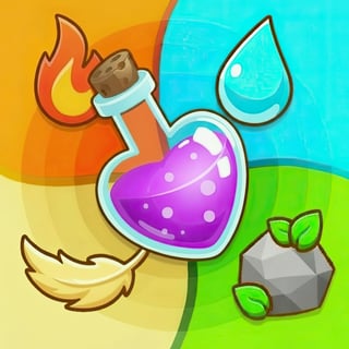 A colorful alchemy puzzle game showing fire, water, earth, air, and a growing plant element