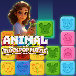 A woman and her pets surrounded by flowers with colorful animal tiles