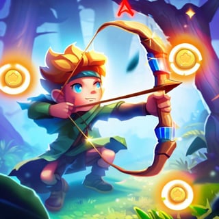 Cartoon archer aiming a glowing arrow at floating bullseye targets in a colorful mountain landscape