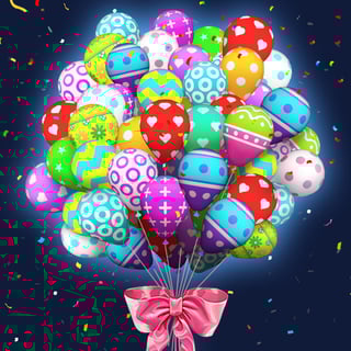 A colorful cluster of 3D balloons floating with a wrapped gift box
