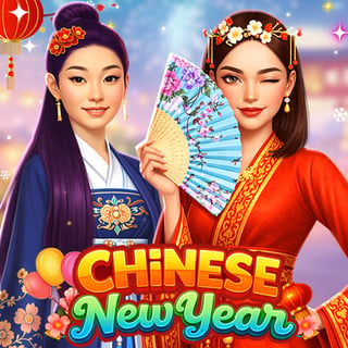 Two best friends dressed in colorful traditional Chinese New Year outfits with fans and festive decorations