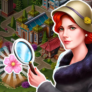Red-haired detective with a magnifying glass investigating the ruined town of Blackriver in a hidden object mystery adventure