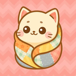 Cute quilted cat wrapped in patchwork blanket celebrating a puzzle win