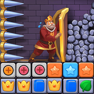 A nervous hero holding a shield dodges spikes while matching colorful blocks below to clear falling stones