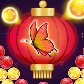 Colorful butterfly themed bubble shooter game with bright floral bubbles, serene lake background, and aim-and-shoot gameplay interface