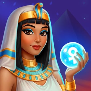 Elegant Egyptian woman holding a glowing orb with pyramids in the background under a starry night sky
