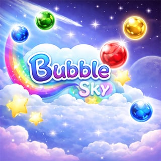 Colorful bubble shooter game set high in the clouds with bright rainbow bubbles floating in a dreamy starry sky