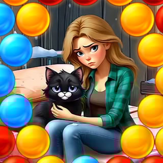 Pop bubbles and restore a mansion in Bubble Story Colorful bubble shooter puzzle with Kate and her cat Snowflake