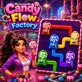 Colorful candy factory puzzle game with matching candy machines and connecting tubes