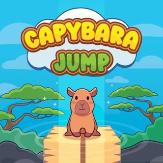 Cute cartoon capybara mid-jump over stacked hay blocks in a bright forest setting