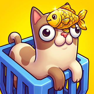 Wide-eyed cream and brown cat balancing a shiny goldfish on its head while sitting in a blue crate, inspired by cozy polyomino puzzle gameplay.