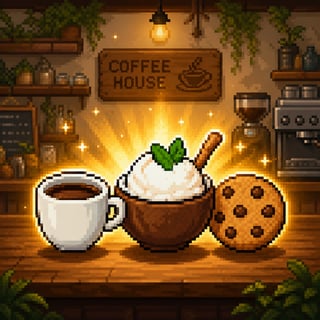 Pixel art coffee house merge game with coffee beans, pastries, and cafe equipment