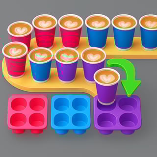 Colorful coffee cups being sorted into matching trays on a cafe-themed puzzle board
