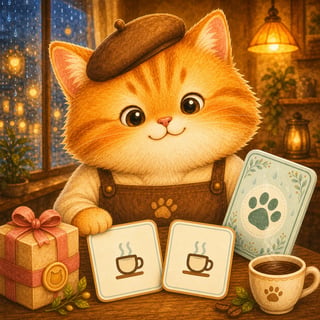Orange tabby cat memory matching game with cozy cafe theme, rainy atmosphere, and collectible feline friends