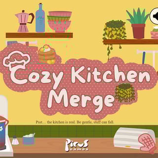 Cartoon kitchen puzzle game with merging muffins, pancakes, and bread.