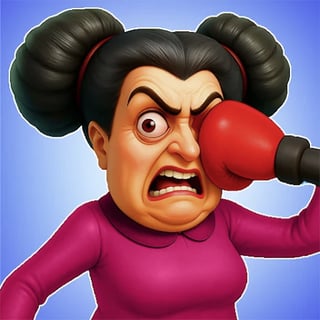 Crazy Aunty getting ready for a boxing match with an oversized red boxing glove