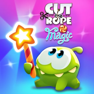 Om Nom using magical powers to solve candy physics puzzles in a fantasy world