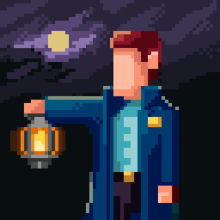 Solve sarcastic mysteries in pixel-art noir A moody pixel-art detective stands under a flickering streetlamp in a rainy noir city